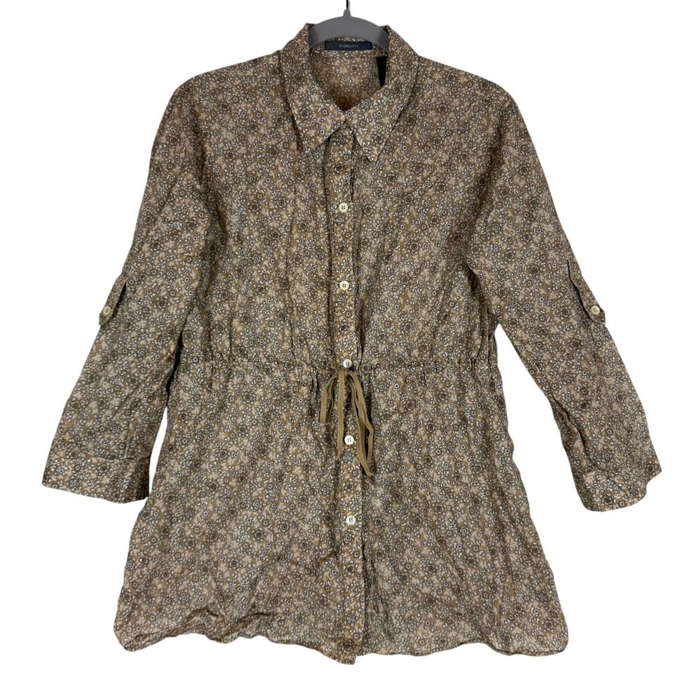 Liz Claiborne Shirt Womens Large Beige Floral Button Front Long Tunic Top